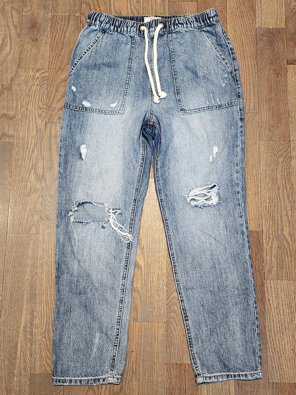 Forever 21 Womens Light Blue Distressed Soft Relaxed Jeans with Drawstring